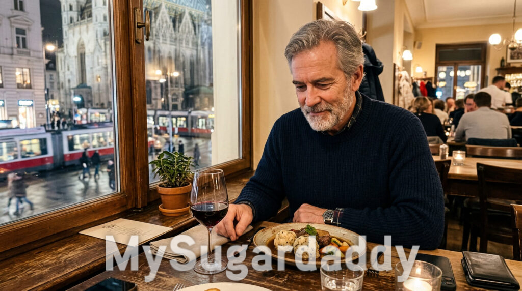 Introvertierter Mann genießt allein ein Abendessen in einem Wiener Restaurant