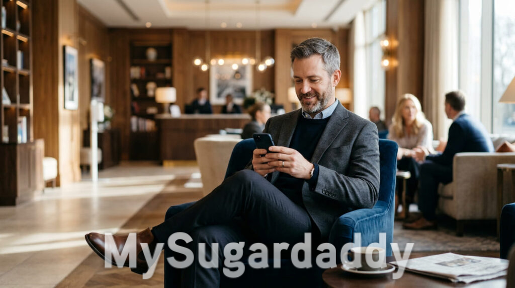 Sugardaddy sitzt in einer Hotellobby und schreibt seine Dating-Profil-Bio auf dem Handy