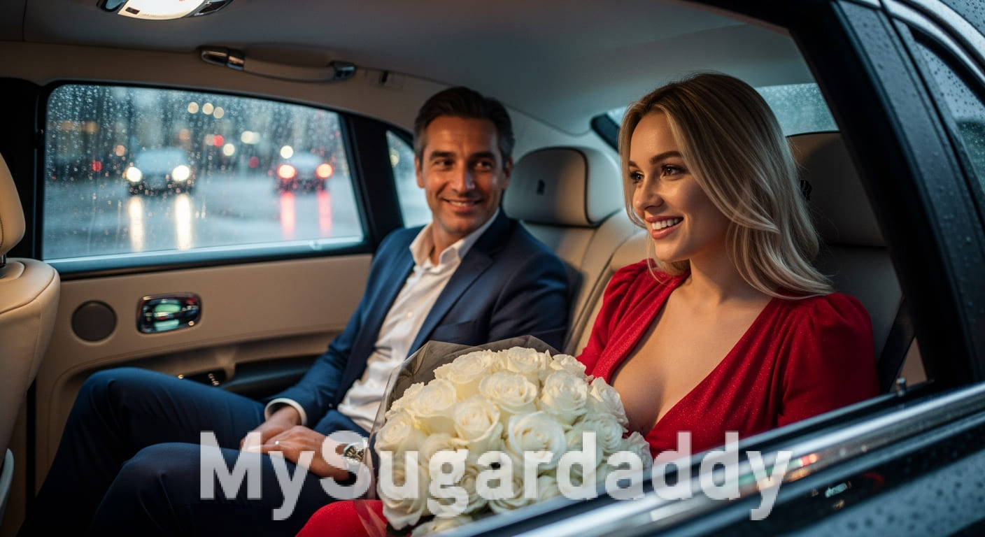 Sugardaddy schenkt Sugarbabe einen Strauß weißer Rosen beim Date