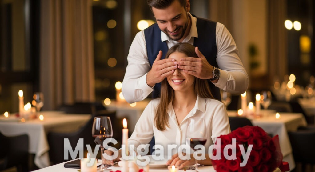 Sugardaddy überrascht Sugarbabe mit einem Geschenk beim romantischen Date im Restaurant